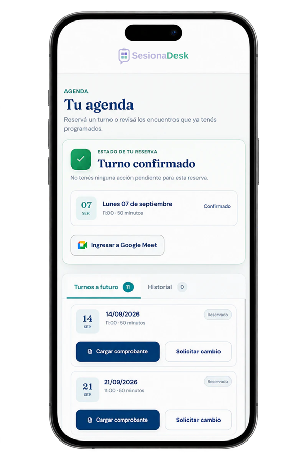 Portal del paciente de SesionaDesk en un teléfono móvil