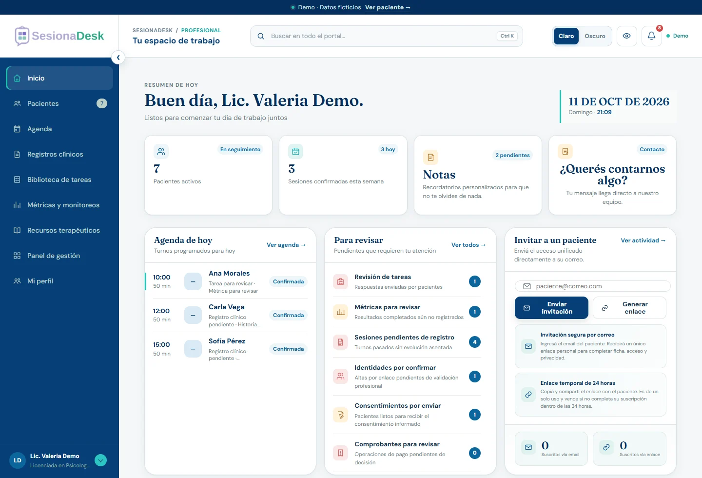 Dashboard profesional del demo con agenda, pacientes, tareas y gestión de la práctica