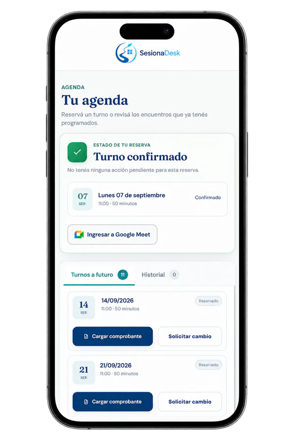 Portal del paciente de SesionaDesk en un teléfono móvil